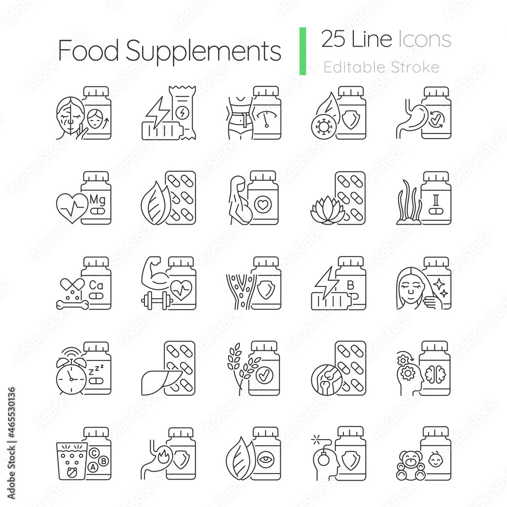 Food supplements linear icons set. Source of vitamins minerals and nutrients. Eating healthy. Customizable thin line contour symbols. Isolated vector outline illustrations. Editable stroke
