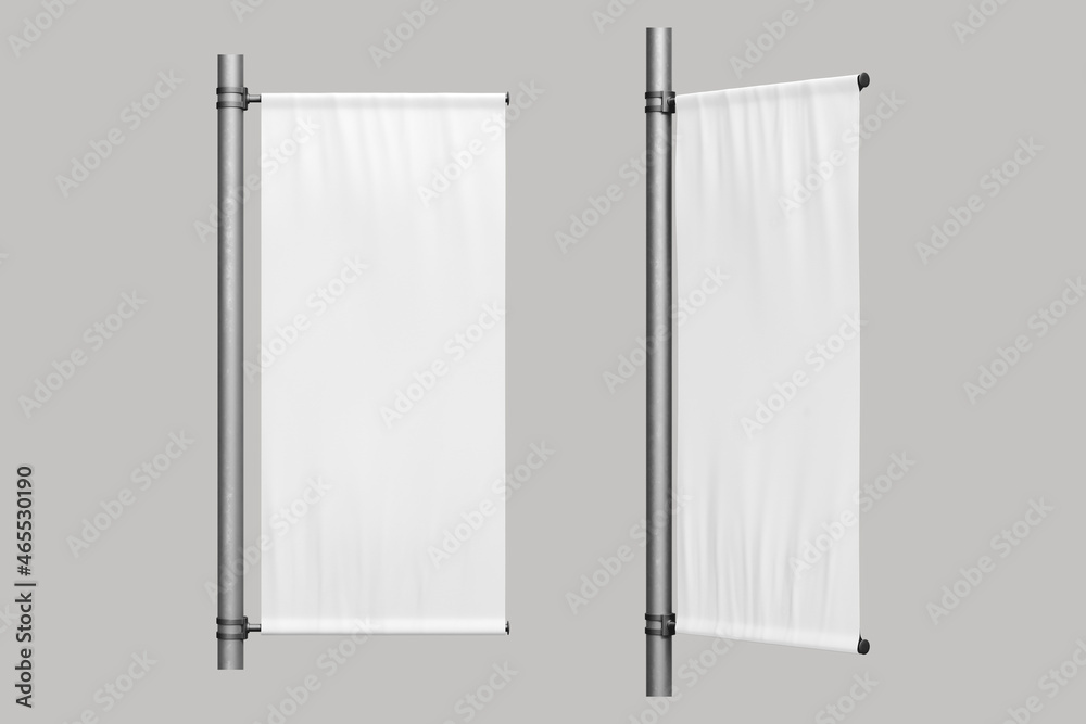 Empty blank white outdoor advertising banners shield mockup, template. Illustration isolated on grey background. Flag banner mock up. 3d rendering. Empty blank white outdoor advertising banners shield mockup, template. Illustration isolated on grey background. Flag banner mock up. 3d rendering.