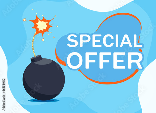 Special offer banner with round bomb and wick.