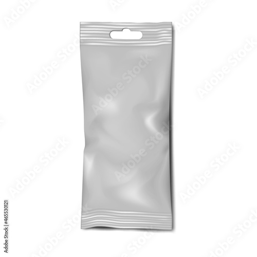 Blank sachet pouch packet with euro slot isolated on white background - vector mockup. Plastic, foil or paper wrapping bag for retail product - mockup. Template for packaging design