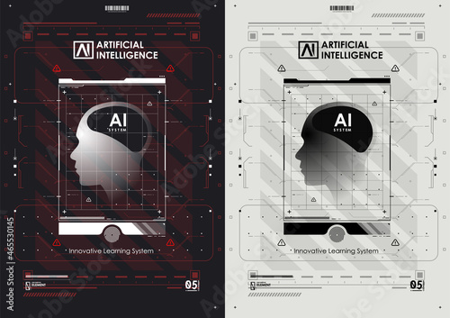 AI and technology concept. Abstract glowing colorful digital brain with circuit background. Futuristic design of an Artificial Intelligence brain with futuristic hud elements.