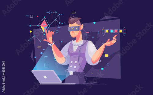 Developer moving objects around using a virtual reality VR headset. Cartoon vector illustration.