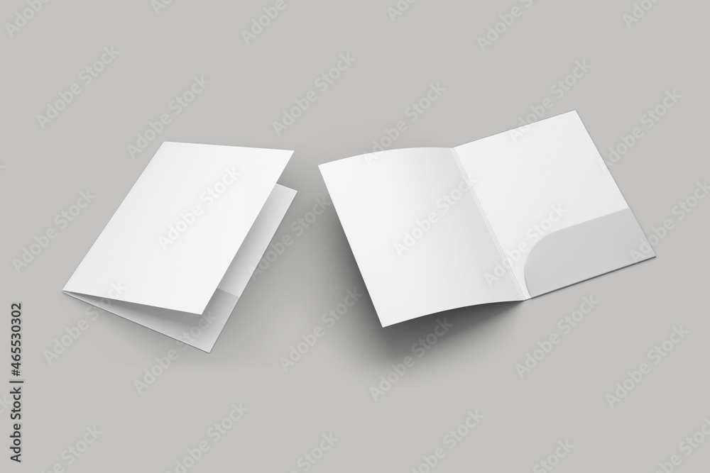Empty blank cardboard paper open folder with letterheads inside. Front cover and opened with paper inside. Mock up isolated on a white background. 3d rendering. - obrazy, fototapety, plakaty 
