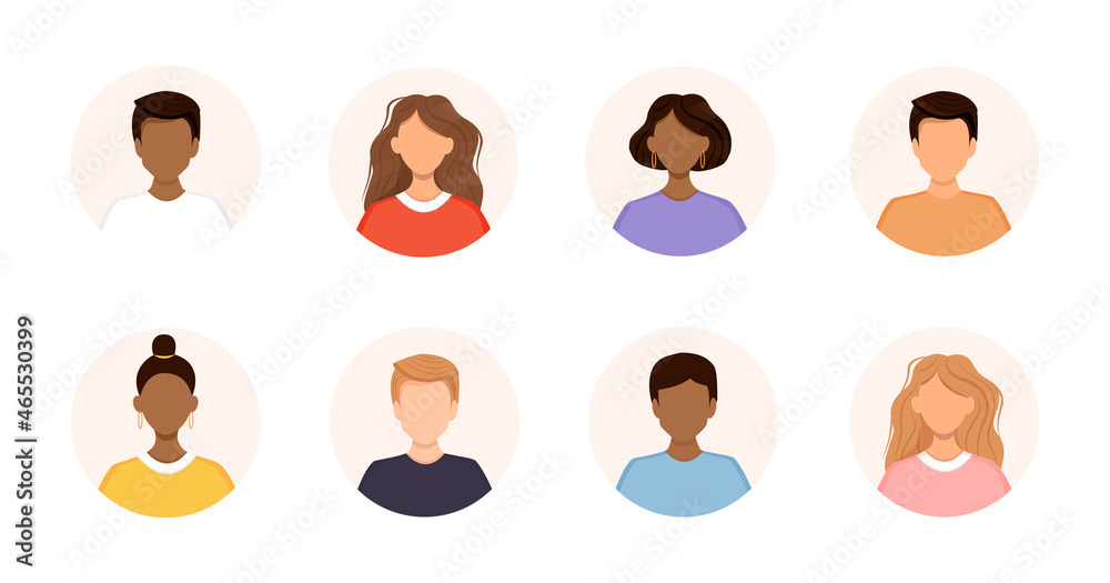 Set of diverse avatars of business team people. Collection of portraits of men and women in a round frame. Vector illustration of faces. No face. Set of diverse avatars of business team people. Collection of portraits of men and women in a round frame. Vector illustration of faces. No face.