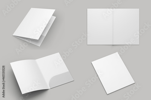 Empty blank cardboard paper open folder with letterheads inside. Front cover and opened with paper inside. Mock up isolated on a white background. 3d rendering.
