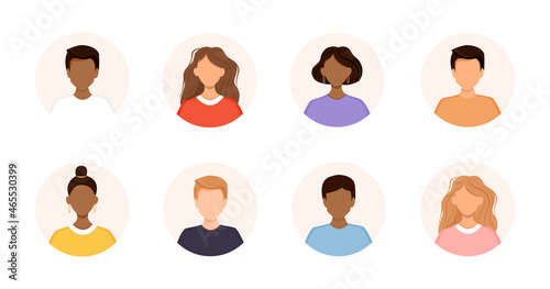 Set of diverse avatars of business team people. Collection of portraits of men and women in a round frame. Vector illustration of faces. No face.