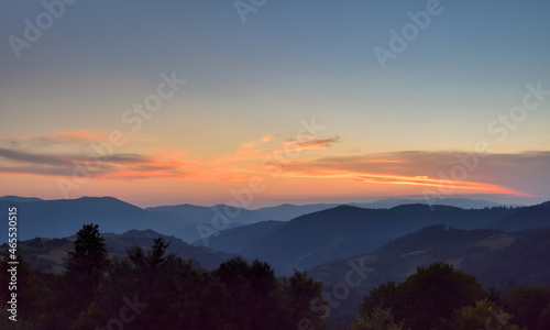 Amazing sunset and mountains in the background. Mountain landscape.