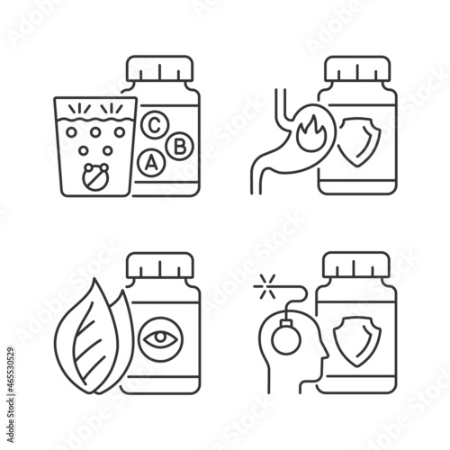 Food supplements linear icons set. Heartburn relief. Stress medication. Water dissolving vitamin tablets. Customizable thin line contour symbols. Isolated vector outline illustrations. Editable stroke