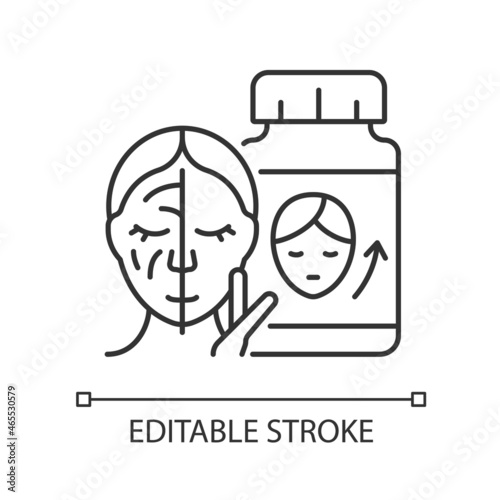 Rejuvenative supplements linear icon. Wrinkles reduction pills. Collagen medication for skin. Thin line customizable illustration. Contour symbol. Vector isolated outline drawing. Editable stroke