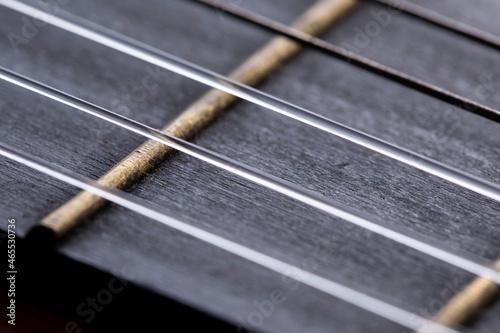 A close-up of frets and strings on the neck of a classical acoustic guitar