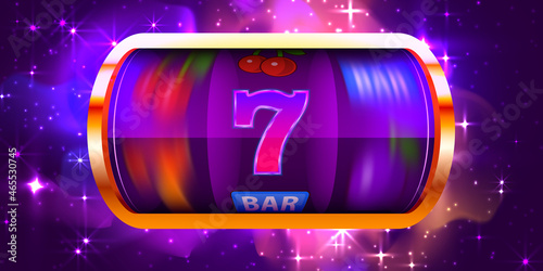 Golden Neon slot machine wins the jackpot. Cosmos casino. 777 Big win concept.