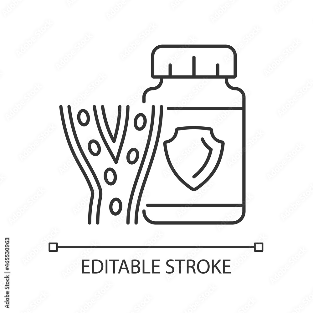 Blood vessels supplements linear icon. Strengthen blood vessels. Vein issues prevention. Thin line customizable illustration. Contour symbol. Vector isolated outline drawing. Editable stroke