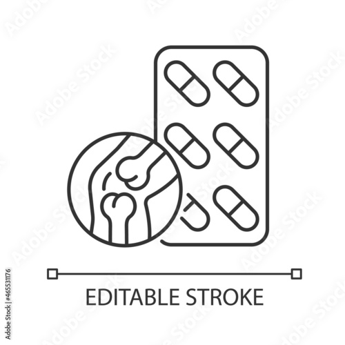 Joint support linear icon. Medication for better joint mobility and flexibility. Thin line customizable illustration. Contour symbol. Vector isolated outline drawing. Editable stroke
