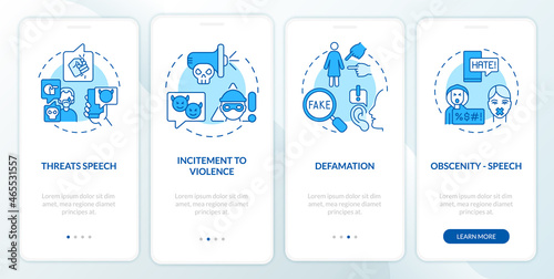 Unprotected speech types onboarding mobile app page screen. Incitement to violence walkthrough 4 steps graphic instructions with concepts. UI, UX, GUI vector template with linear color illustrations