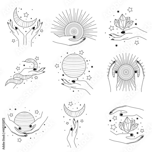 Magical space objects, planets, stars with female hands and faces vector illustration set. Collection of Mystical and Astrology objects. Mystical signs, silhouettes