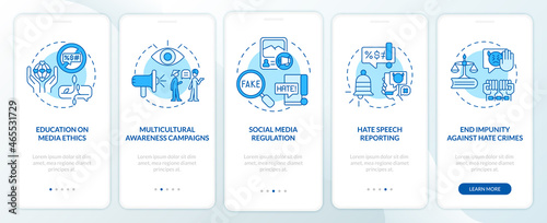 Dealing with hate speech onboarding mobile app page screen. Media ethics walkthrough 5 steps graphic instructions with concepts. UI, UX, GUI vector template with linear color illustrations photo