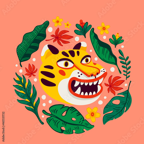 Tiger vector head, cartoon tiger funny face in tropical flowers and leaves wr...