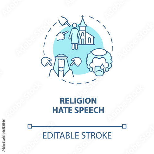 Religion hate speech blue concept icon. Rights violation abstract idea thin line illustration. Religious hate incident. Targeting non-believers. Vector isolated outline color drawing. Editable stroke © bsd studio