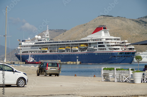 Classic luxury cruiseship or cruise ship liner Braemar in Port of Argostoli, Kefalonia during Mediterranean Aegean Greek Island sea cruising holiday	 photo