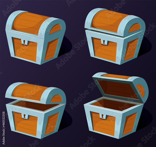 Cartoon treasure chest. Wooden chests, animation open empty wood box. Closed ancient chest with lock. Game wooden box with open cover vector icons