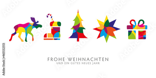 Weihnachtskarte mit bunten dekorativen Weihnachtsmotiven auf weißem Hintergrund - deutscher Text - Frohe Weihnachten und ein gutes neues Jahr