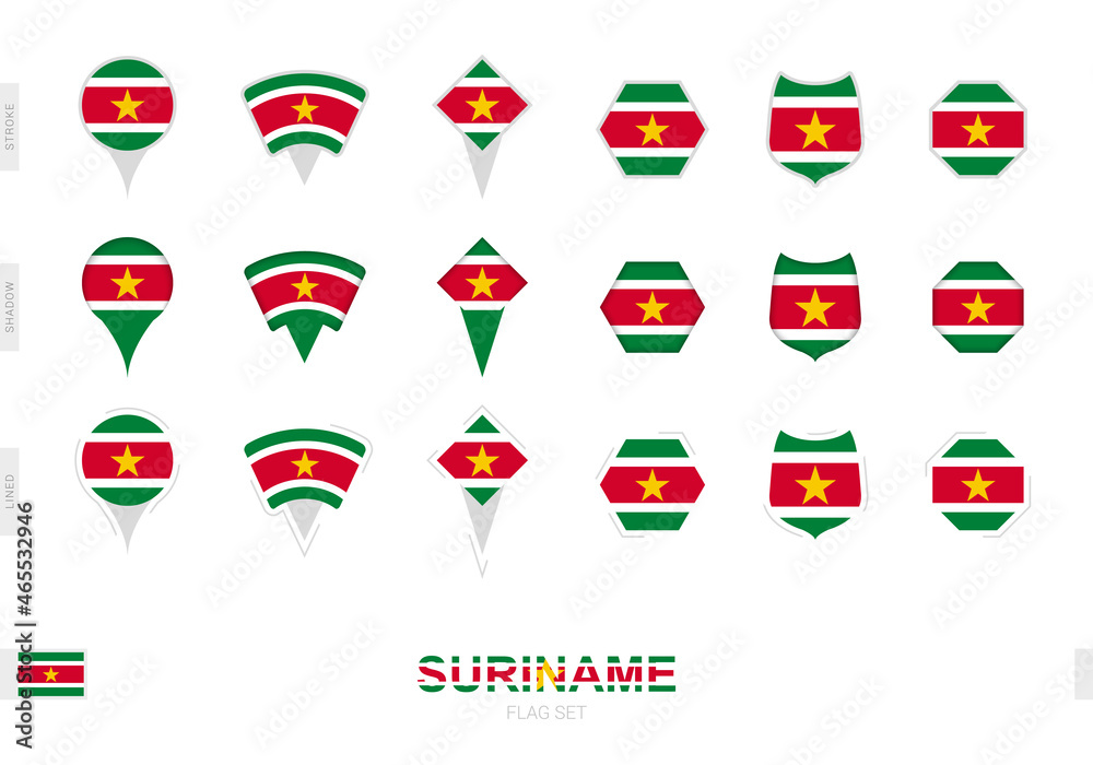 Collection of the Suriname flag in different shapes and with three different effects. Collection of the Suriname flag in different shapes and with three different effects.