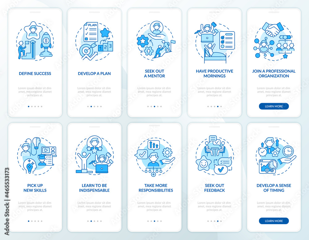 Career development blue onboarding mobile app page screen set. Job walkthrough 5 steps graphic instructions with concepts. UI, UX, GUI vector template with linear color illustrations collection