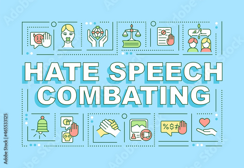 Hate speech combating word concepts banner. Staying safe online. Infographics with linear icons on blue background. Isolated creative typography. Vector outline color illustration with text
