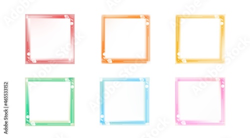 Set of colorful cute fantasy glowing blurred frame templates, copyspace, bubbles or flares, glass effect. Elegant pastel editable design elements for portrait, avatar, profile, quotes, labels