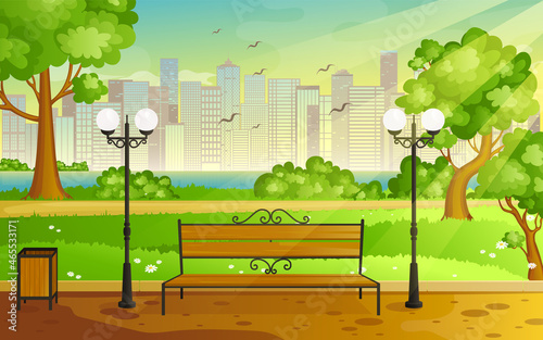 City park with green trees bench, walkway and lantern. Town and city park landscape nature. Vector illustration EPS10