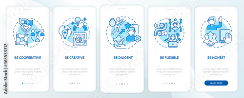 Traits for career advancement blue onboarding mobile app page screen. Success walkthrough 5 steps graphic instructions with concepts. UI, UX, GUI vector template with linear color illustrations