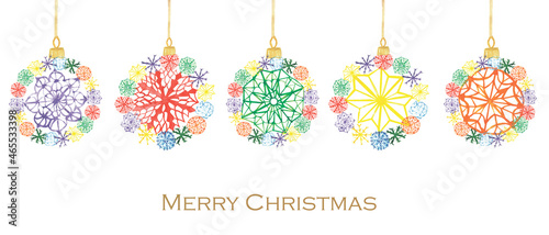 Watercolor hand painted nature winter holiday christmas tree toy balls set with rainbow color snowflakes in round shape with merry christmas text on the white background for greeting card design