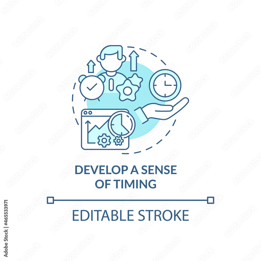 Develop sense of timing blue concept icon. Work schedule. Successful time management. Career advancement abstract idea thin line illustration. Vector isolated outline color drawing. Editable stroke Develop sense of timing blue concept icon. Work schedule. Successful time management. Career advancement abstract idea thin line illustration. Vector isolated outline color drawing. Editable stroke