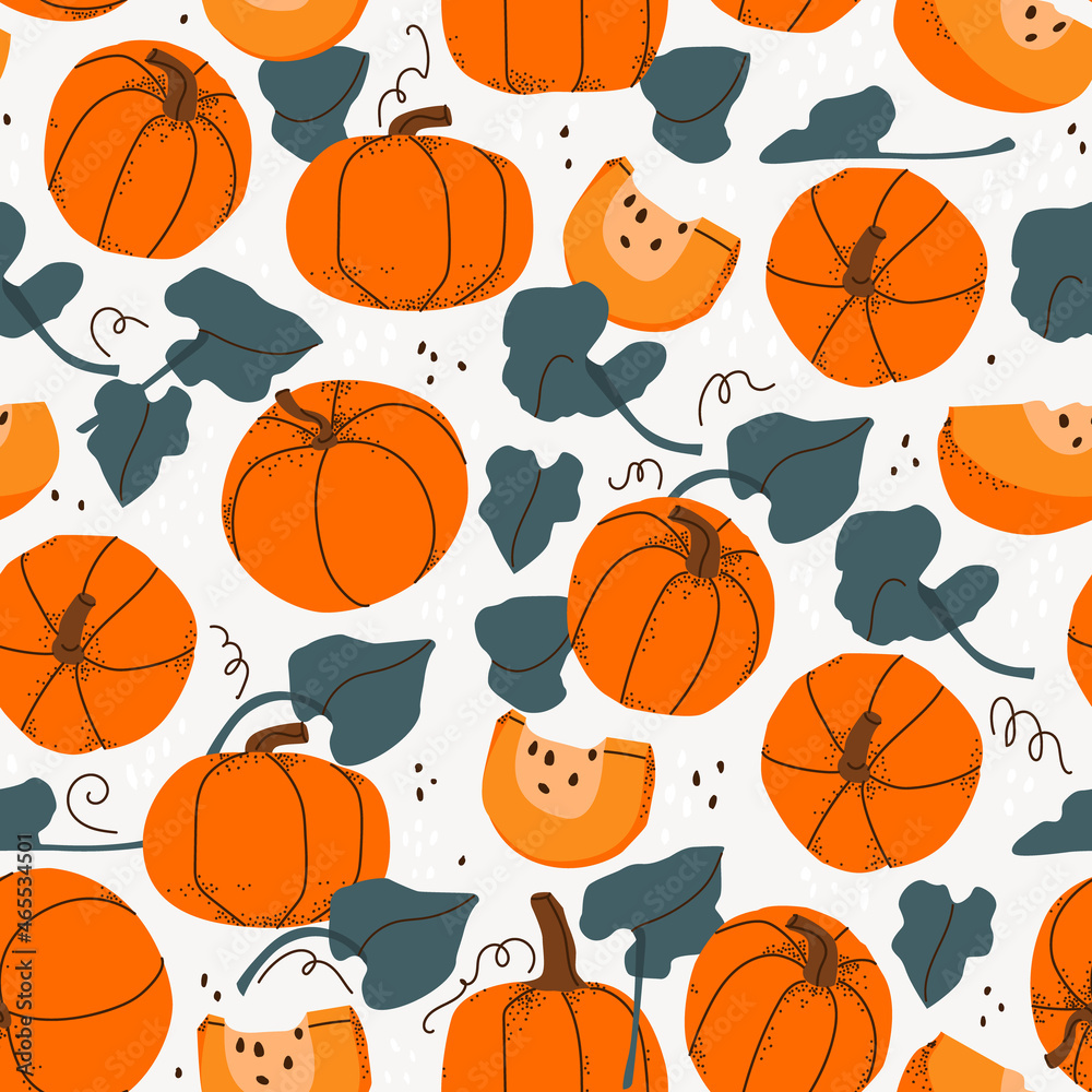 Vector seamless pattern with pumpkin fruits, slices and leaves. Hand drawing autumn background. For design, print, textile, paper.