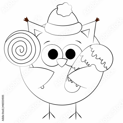 Cute cartoon Owl and candy cane. Draw illustration in black and white