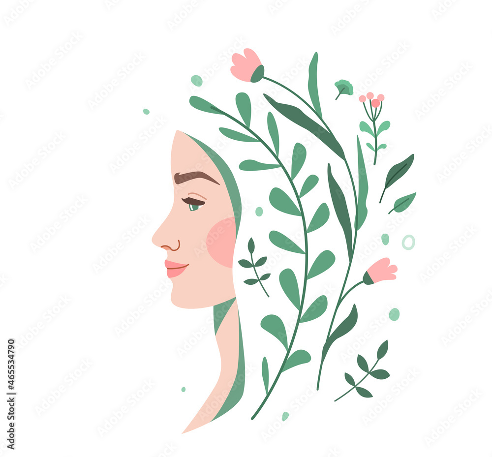 Woman face with floral flower elements vector background. Ecology beauty, nature cosmetology concept design. Profile young girl with hair from plants. Isolated on white