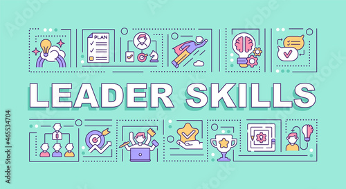 Leader skills word concepts banner. Successful leadership. Infographics with linear icons on blue background. Isolated creative typography. Vector outline color illustration with text