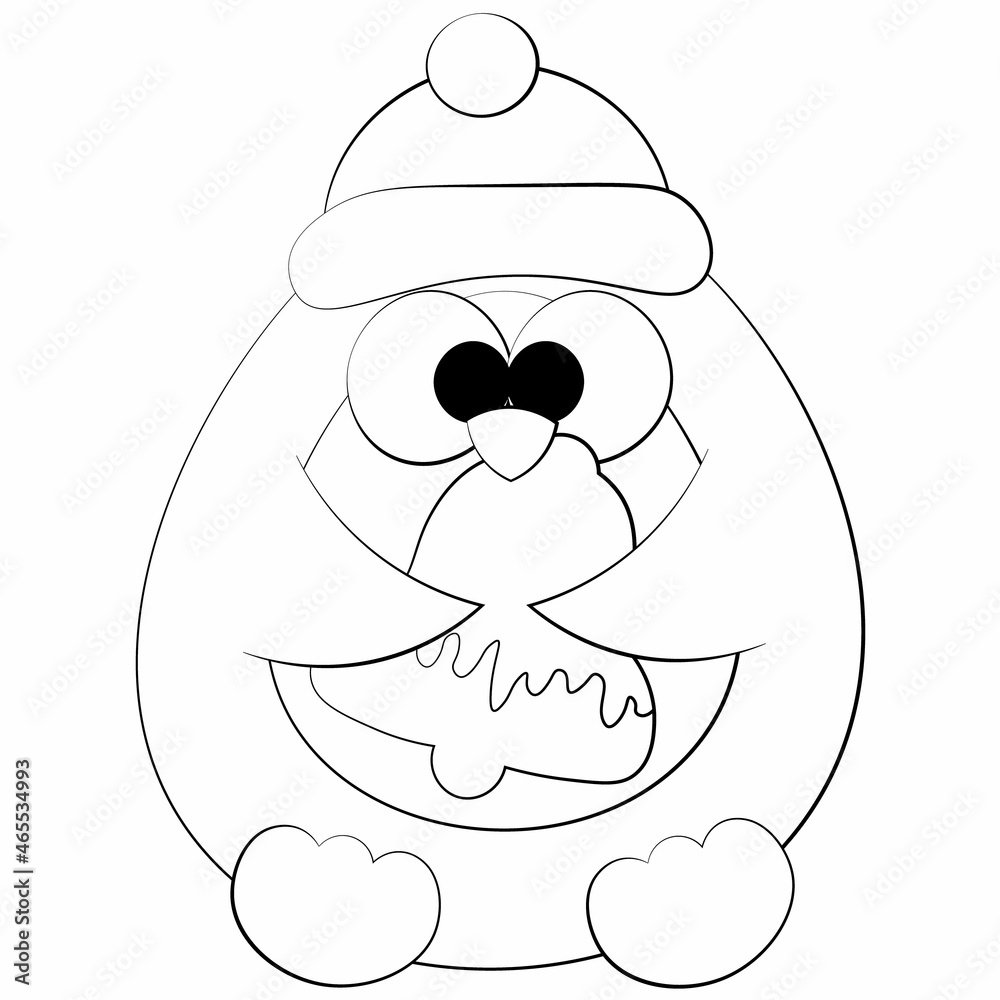 Cute cartoon Penguin in hat with gingerbread. Draw illustration in black and white