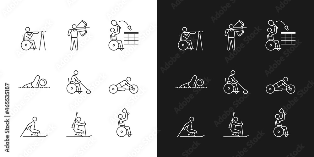 Athletes with disability linear icons set for dark and light mode. Adaptive sport games. People with disability. Customizable thin line symbols. Isolated vector outline illustrations. Editable stroke