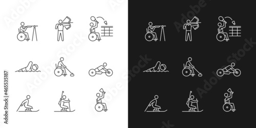 Athletes with disability linear icons set for dark and light mode. Adaptive sport games. People with disability. Customizable thin line symbols. Isolated vector outline illustrations. Editable stroke