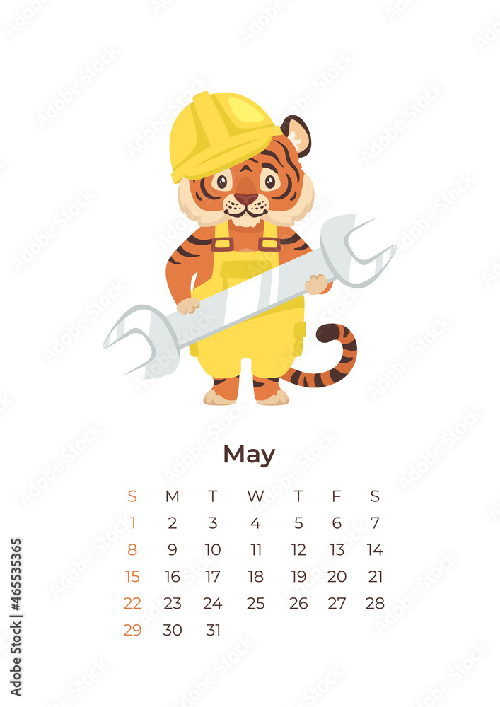 cartoon tiger May 2022 calendar A4 format template. cartoon tiger May 2022 calendar A4 format template.