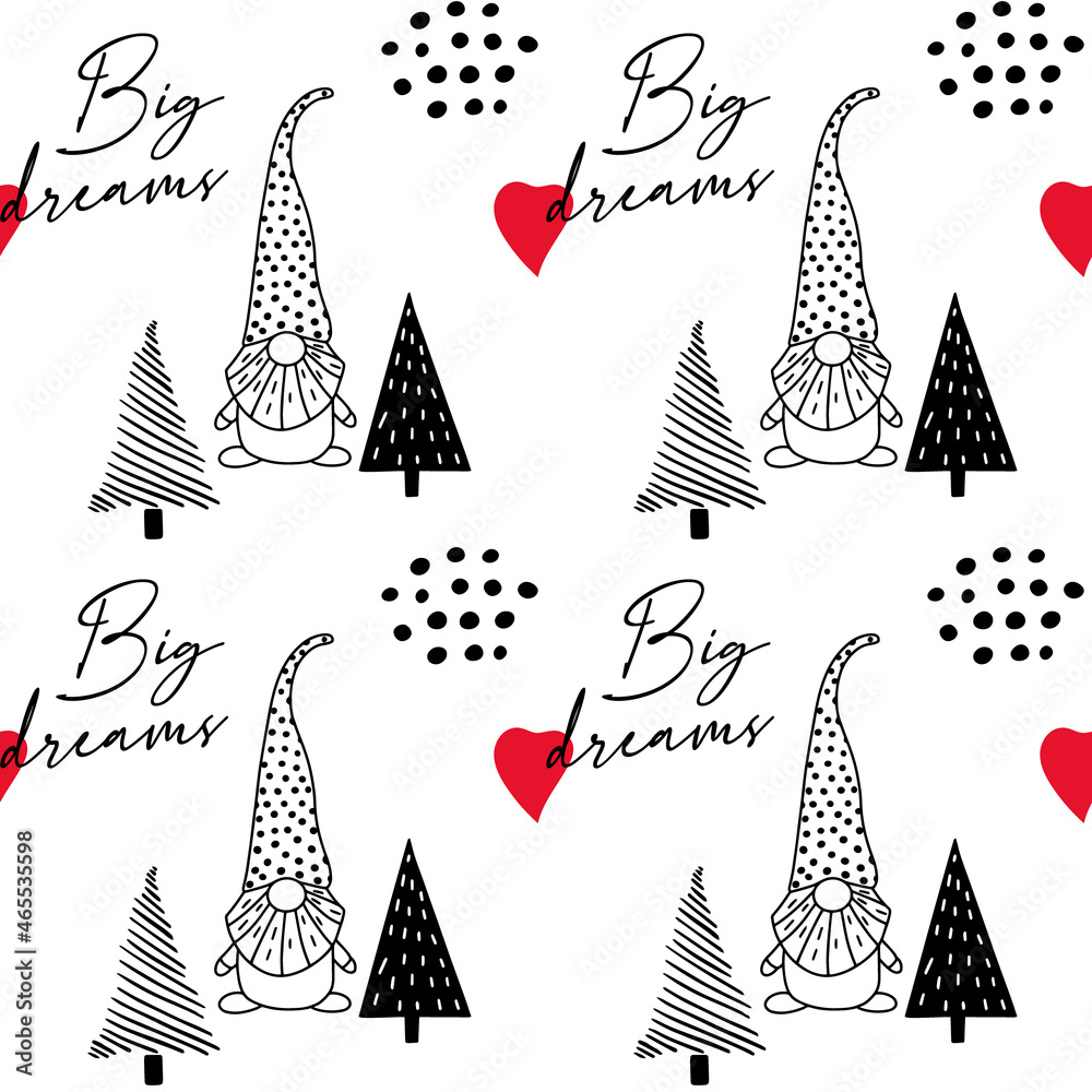 Seamless pattern with a cute hand drawn gnome and a Christmas tree. Scandinavian style vector background of doodle elements Seamless pattern with a cute hand drawn gnome and a Christmas tree. Scandinavian style vector background of doodle elements