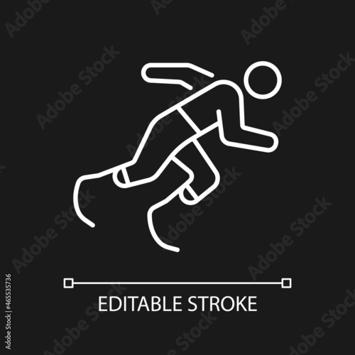 Athletics white linear icon for dark theme. Running competition. Athlete with disability. Thin line customizable illustration. Isolated vector contour symbol for night mode. Editable stroke