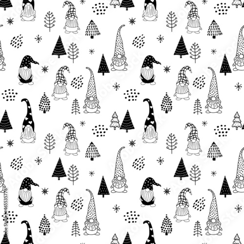 Seamless pattern with a cute hand drawn gnome and a Christmas tree. Scandinavian style vector background of doodle elements
