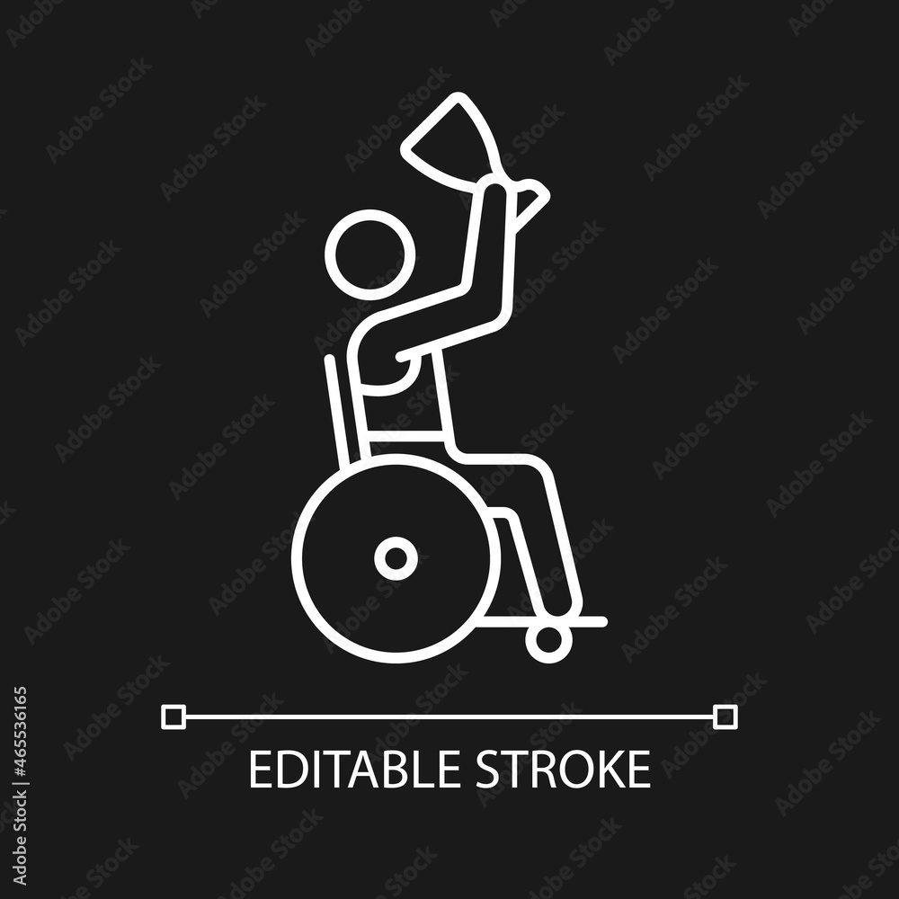 Competition winner with disability white linear icon for dark theme. Disabled sportsmen with cup. Thin line customizable illustration. Isolated vector contour symbol for night mode. Editable stroke
