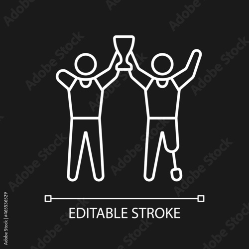 Sportsman with physical disability. white linear icon for dark theme. Disabled athlete winnig cup. Thin line customizable illustration. Isolated vector contour symbol for night mode. Editable stroke