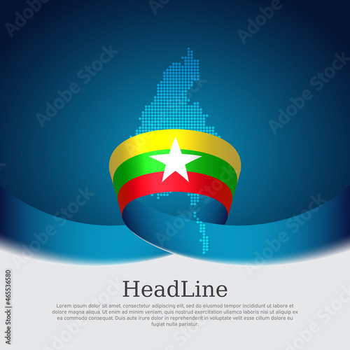 Myanmar flag, mosaic map on blue white background. Wavy ribbon with the myanmar flag. Vector banner design, national poster. Business booklet. State patriotic flyer, brochure