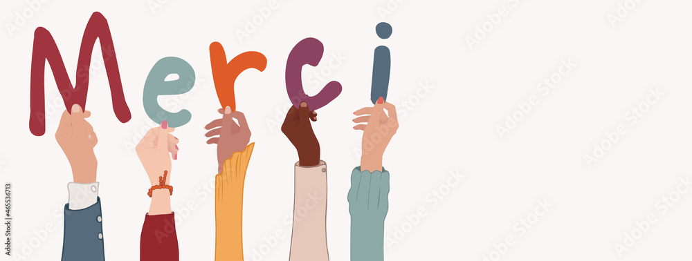 Up arms of a group people holding the letters forming the word thank ...