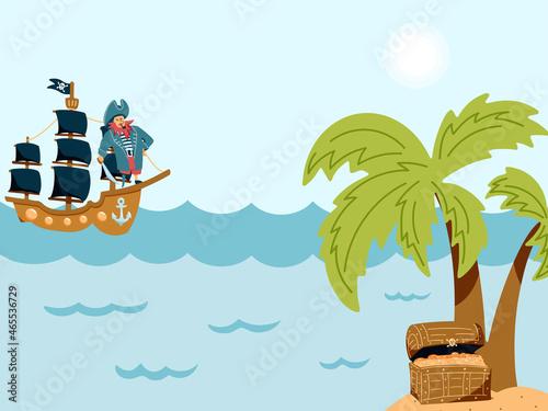 A pirate is sailing on a ship to an uninhabited island with a treasure chest. Adventure concept for children. Vector hand drawn illustration