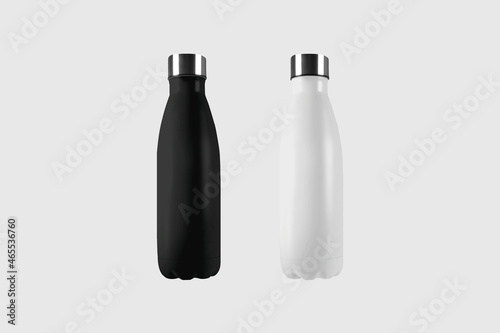 Empty blank metallic reusable water or coffee or tea bottle Mock up isolated on a grey background. Zero waste concept. 3d rendering. photo